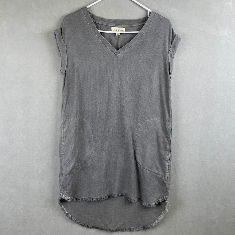 Cloth & Stone Gray Tencel V-Neck Frayed Hem Shift Dress Boho Coastal Earthy PXS